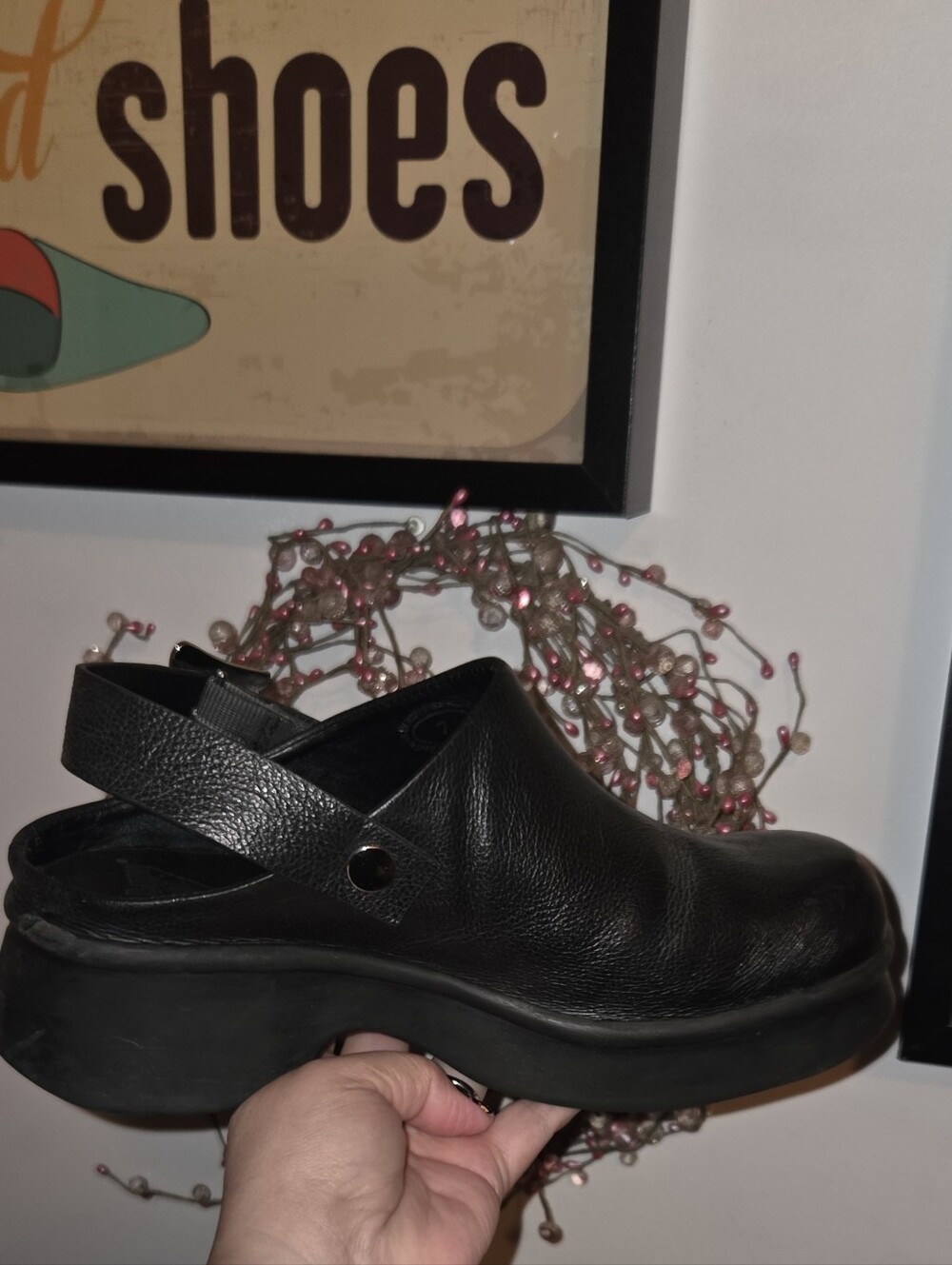 John Fluevog Black Leather Platform Clog with Heel Strap